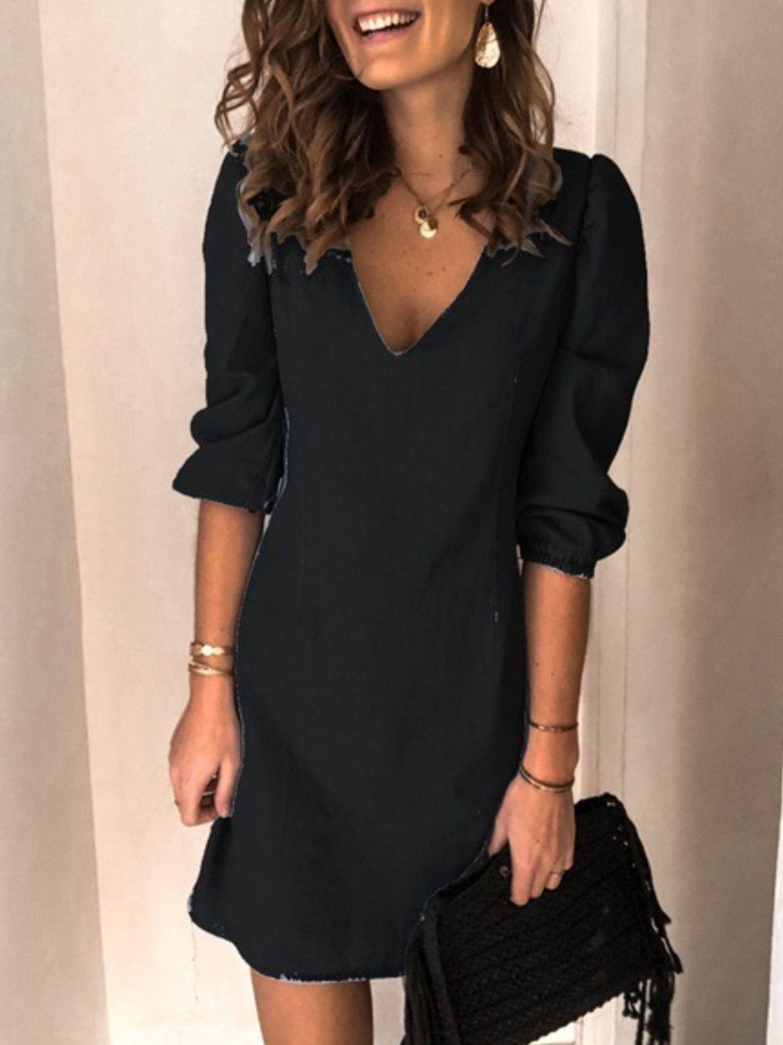 Full Size V-Neck Half Sleeve Denim Dress BLUE ZONE PLANET