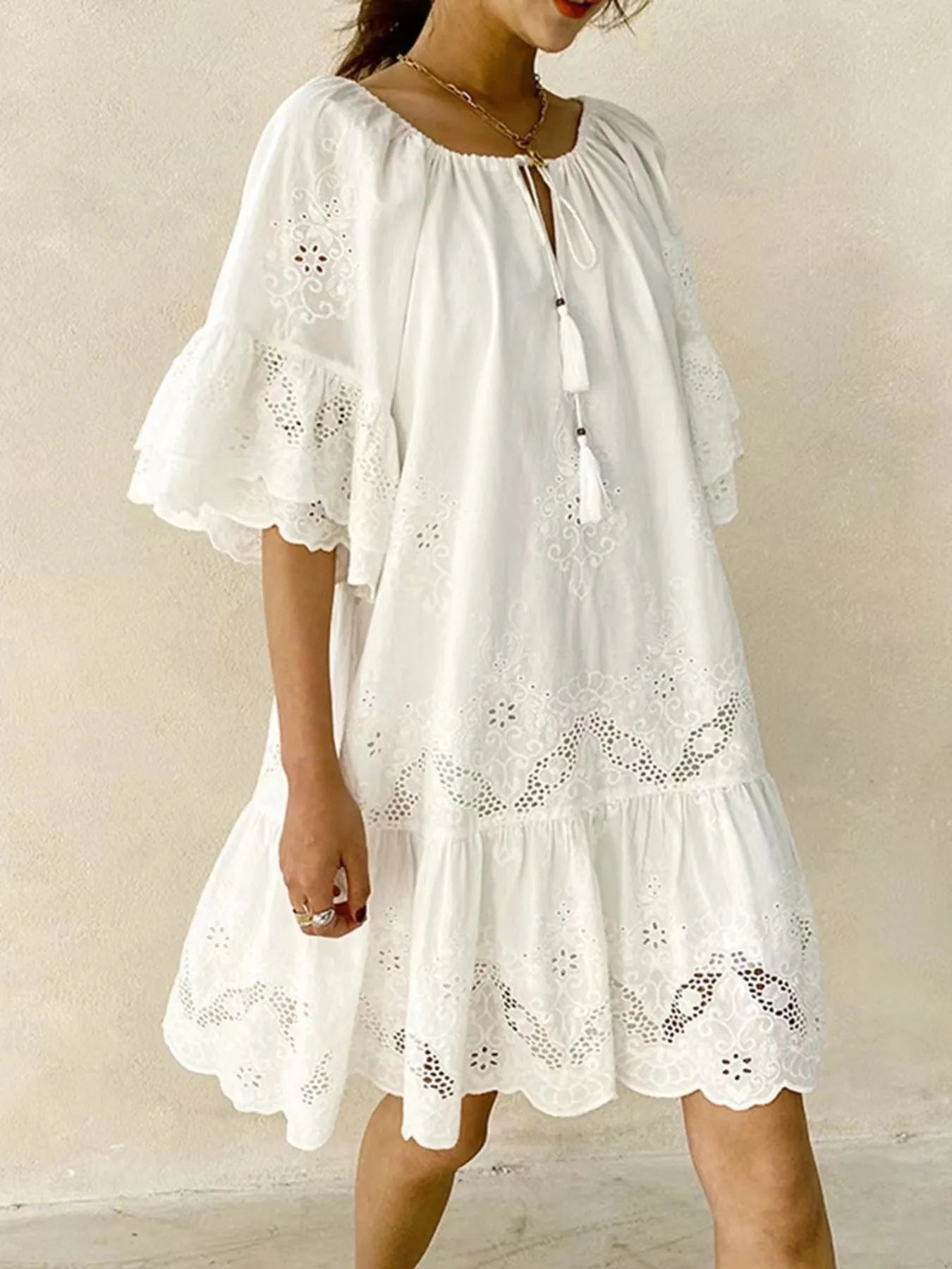 embroidered tassel dress Cream Boho Embroidered Tassel Maxi Dress