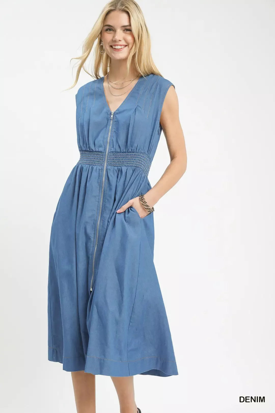 Umgee Denim Sleeveless Zip-Front Smocked Waist Midi Dress Umgee Denim Sleeveless Zip-Front Smocked Waist Midi Dress