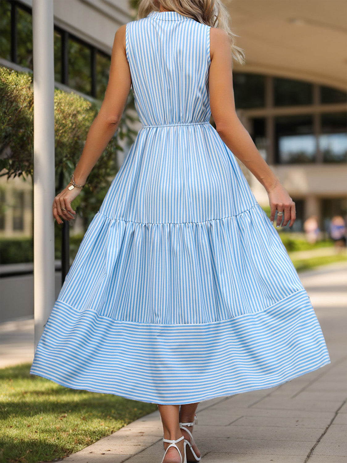 Blue Zone Planet | Striped Notched Sleeveless Midi Dress BLUE ZONE PLANET