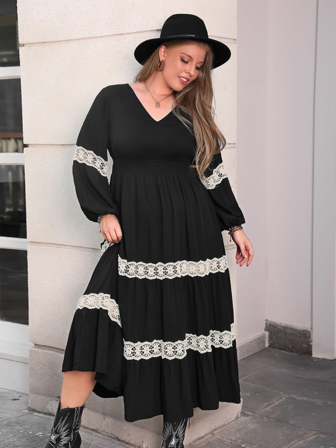 Blue Zone Planet | Plus Size Lace Detail V-Neck Long Sleeve Midi