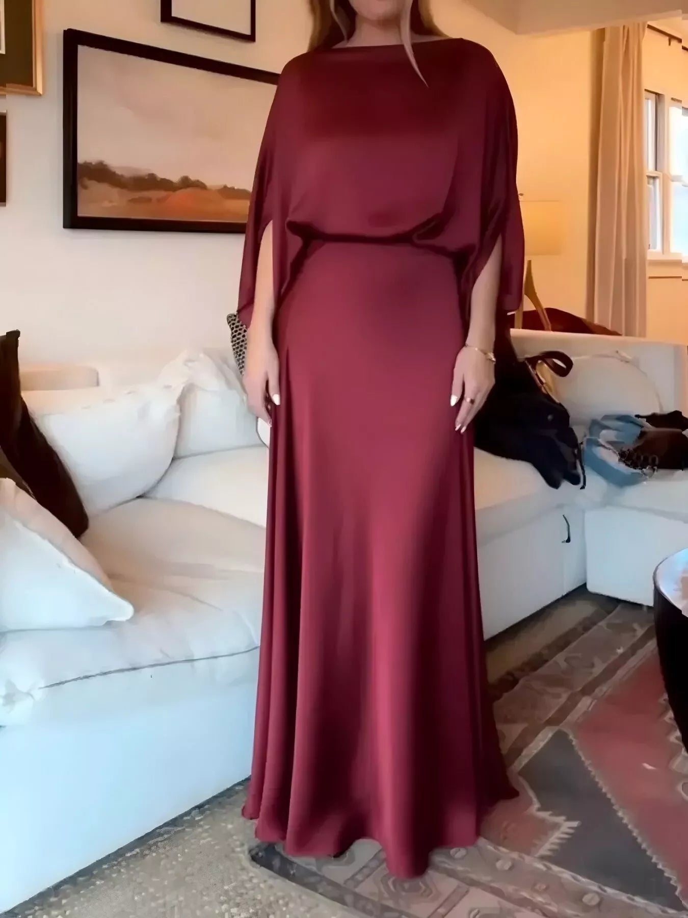 batwing red dress Thigh-High Slit Sequin Batwing Sleeve Evening Dress