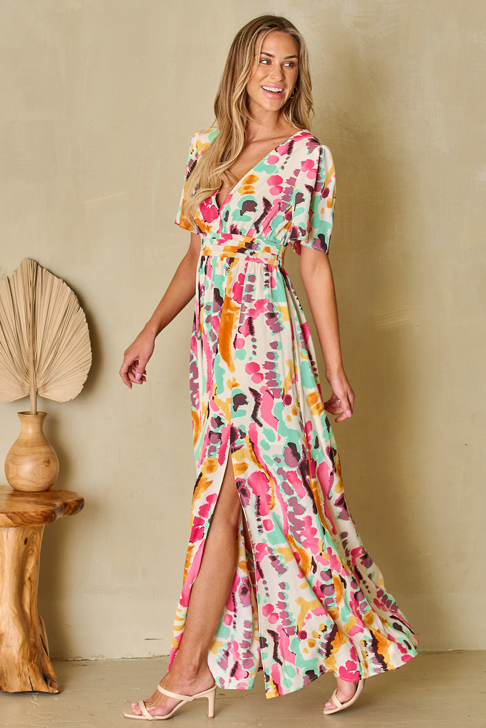 Blue Zone Planet |  Slit Printed Surplice Short Sleeve Maxi Dress BLUE ZONE PLANET