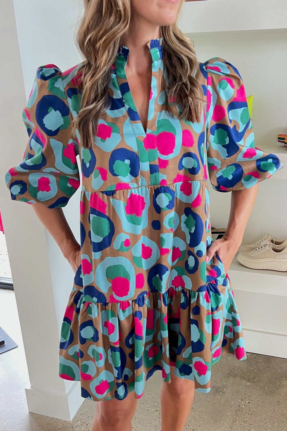 Blue Zone Planet | Green Leopard Print Bubble Sleeve Slit Neck Ruffled Dress Blue Zone Planet