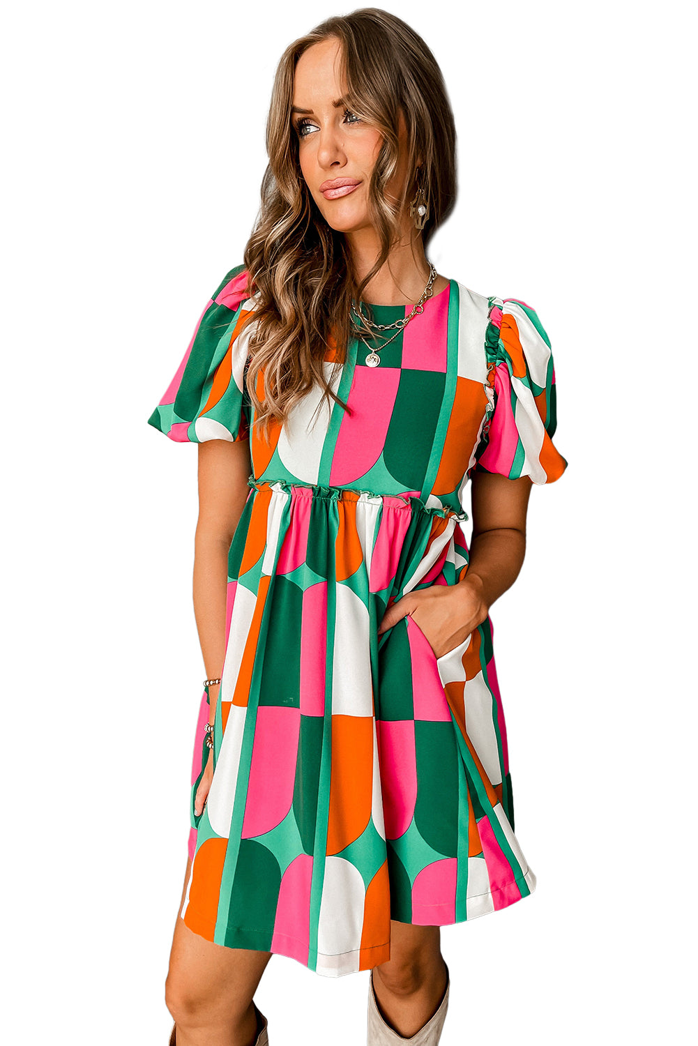 Green Abstract Print Puff Sleeve Short Dress Blue Zone Planet