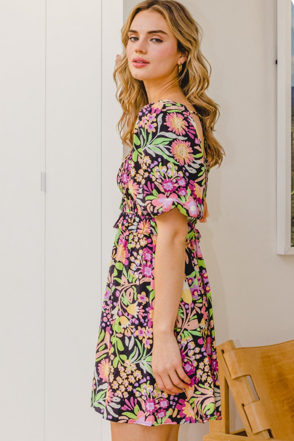 Blue Zone Planet | ODDI Full Size Floral Tie-Back Mini Dress BLUE ZONE PLANET