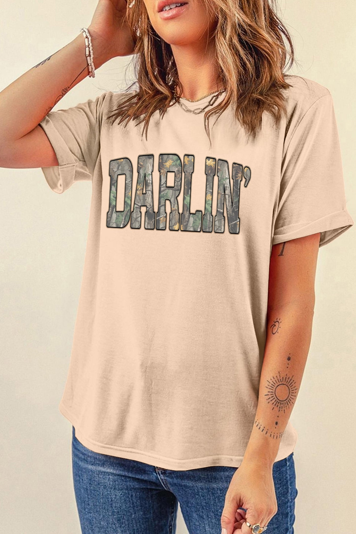 Khaki DARLIN Camo Letter Print Crewneck T Shirt