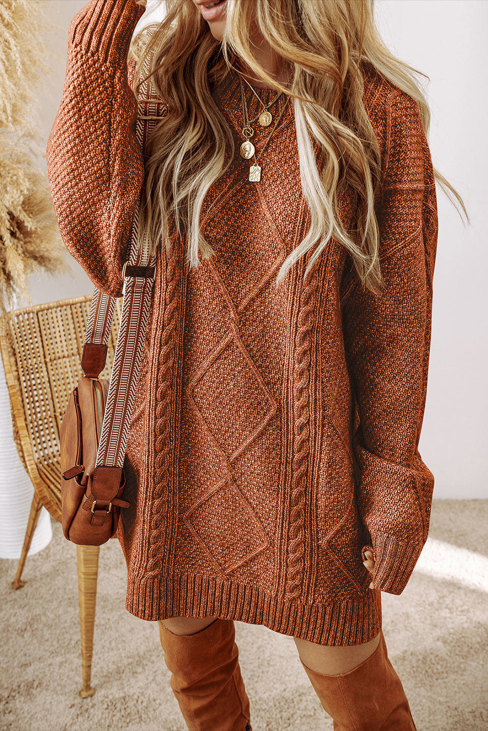 Coffee Cable Knit Drop Shoulder Loose Fit Sweater Dress Coffee / S / 100%Polyester