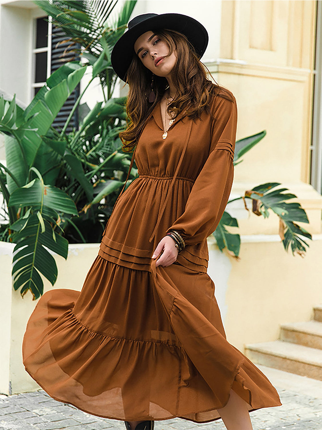 Tie Neck Long Sleeve Midi Tiered Dress BLUE ZONE PLANET