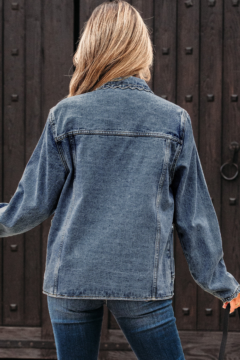 Sail Blue Scallop Trim Collar Patched Pocket Button Up Denim Jacket