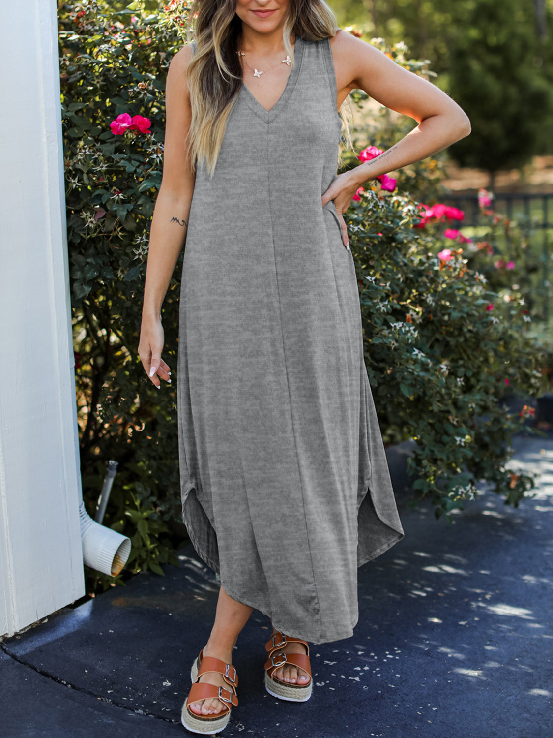 Blue Zone Planet | Full Size V-Neck Midi Tank Dress BLUE ZONE PLANET