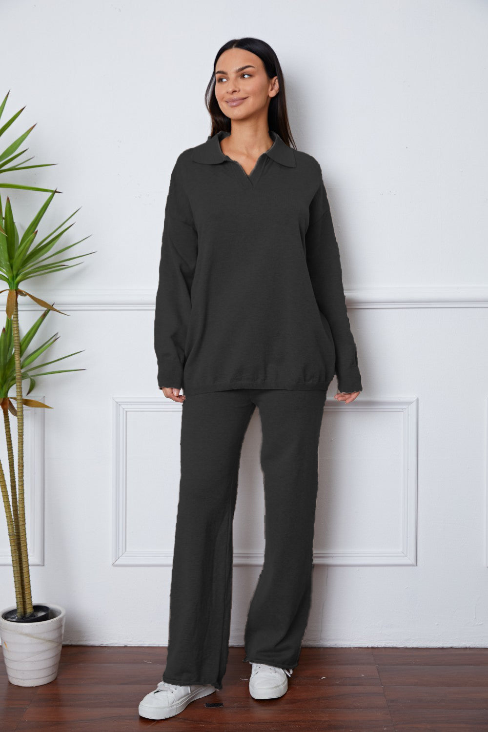 Dropped Shoulder Sweater and Long Pants Set BLUE ZONE PLANET