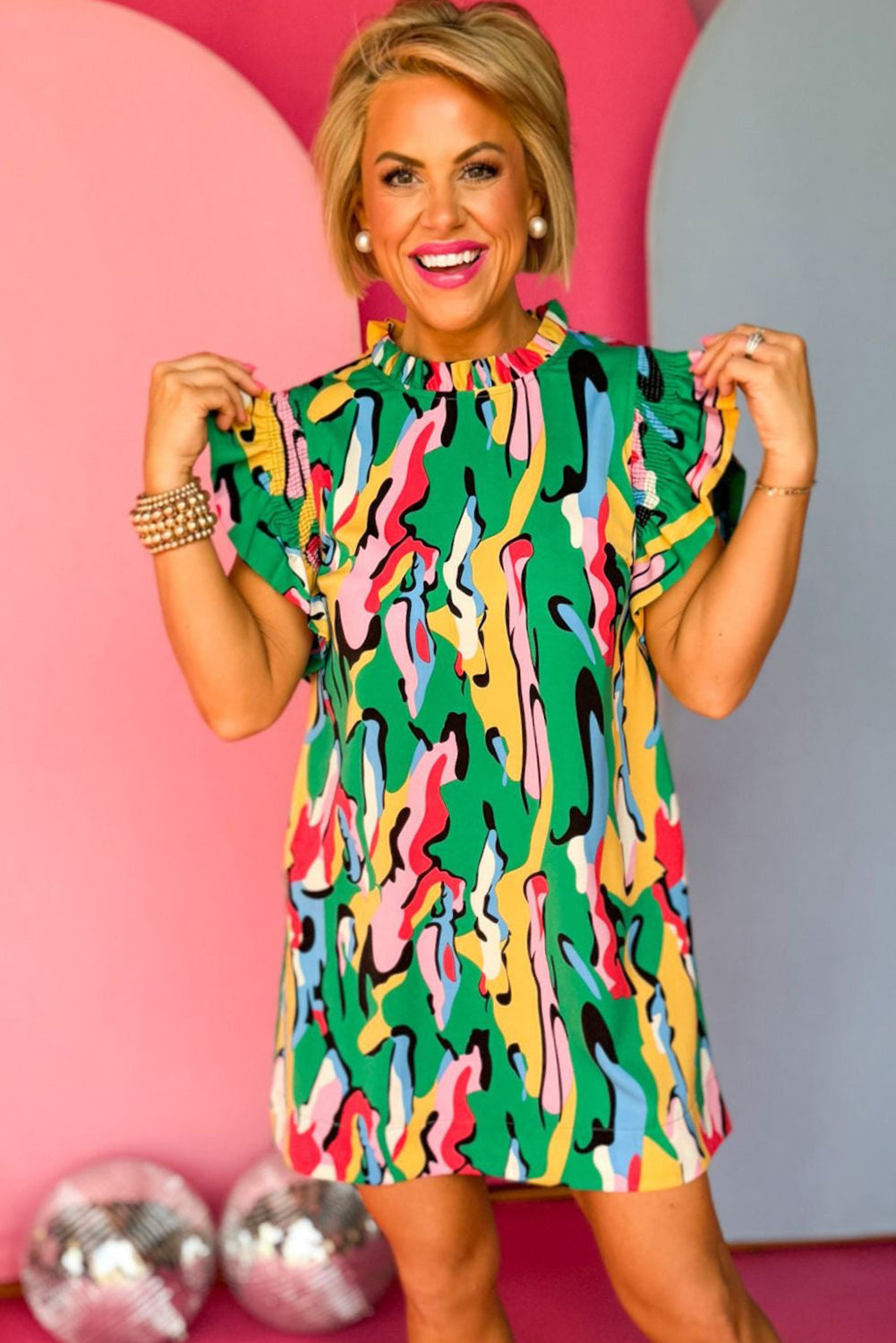 Green Abstract Print Frilled Neck Ruffled Sleeve Mini Dress Blue Zone Planet