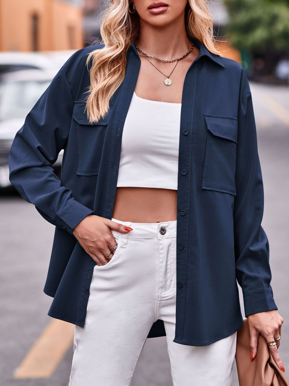 Blue Zone Planet | Pocketed Button Up Dropped Shoulder Shacket BLUE ZONE PLANET