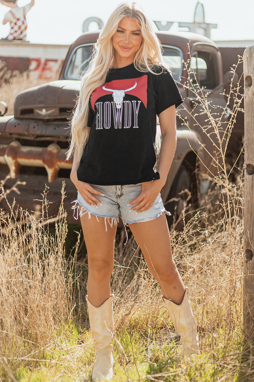 Black Western Howdy Steer Head Print Side Slits Loose Fit T Shirt