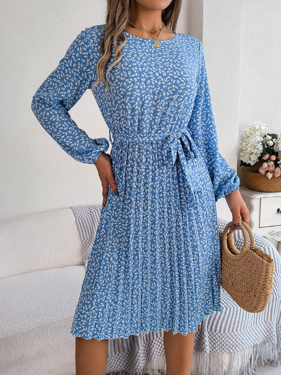 Ditsy Floral Tie Waist Pleated Dress BLUE ZONE PLANET