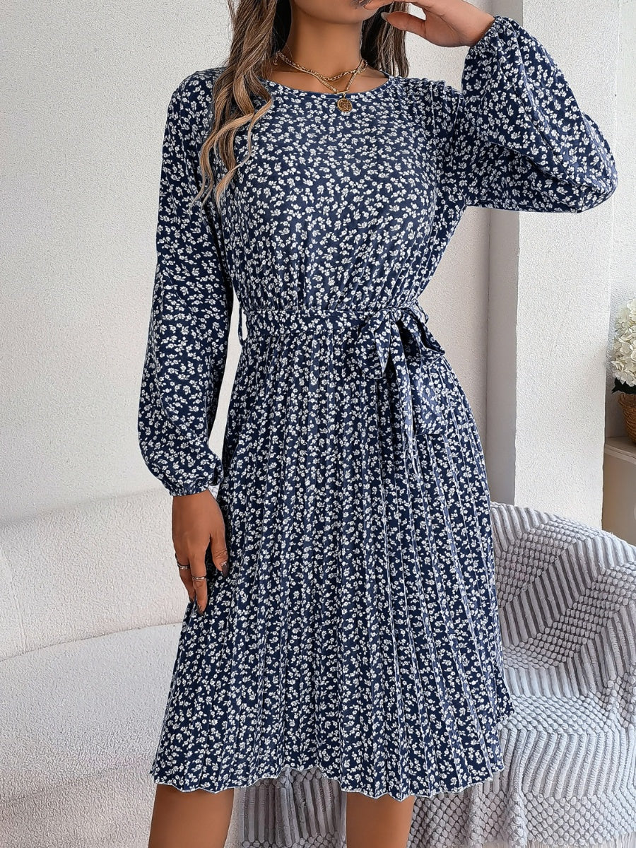 Ditsy Floral Tie Waist Pleated Dress BLUE ZONE PLANET