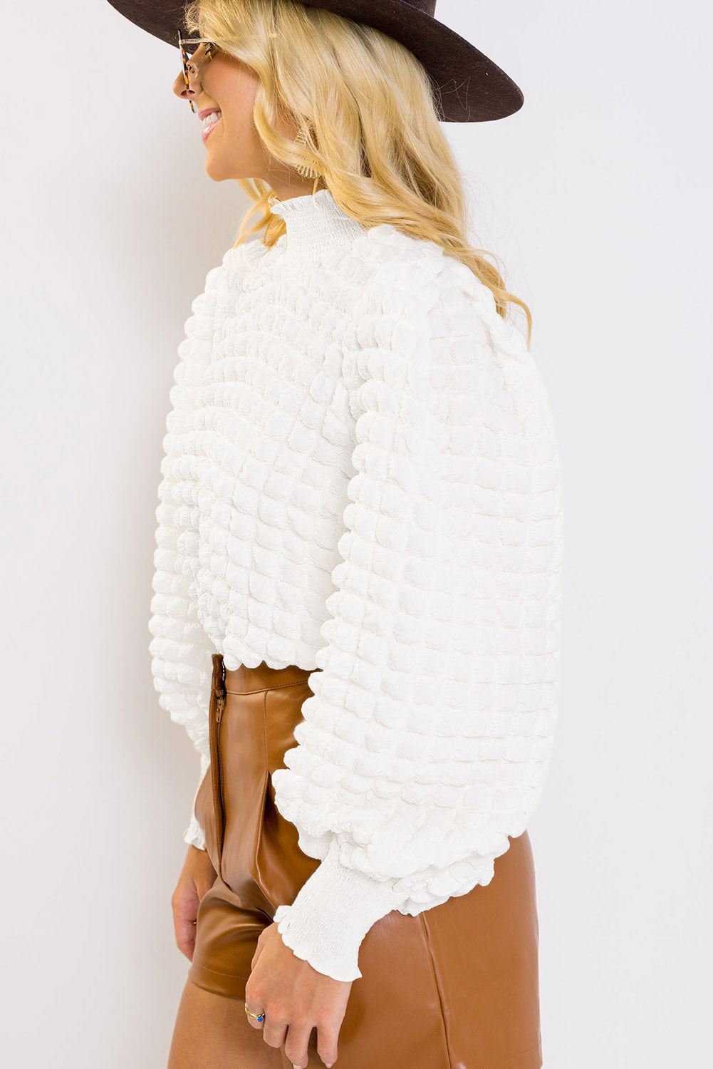 Blue Zone Planet | White Textured Smocked Mock Neck Puff Sleeve Top Blue Zone Planet