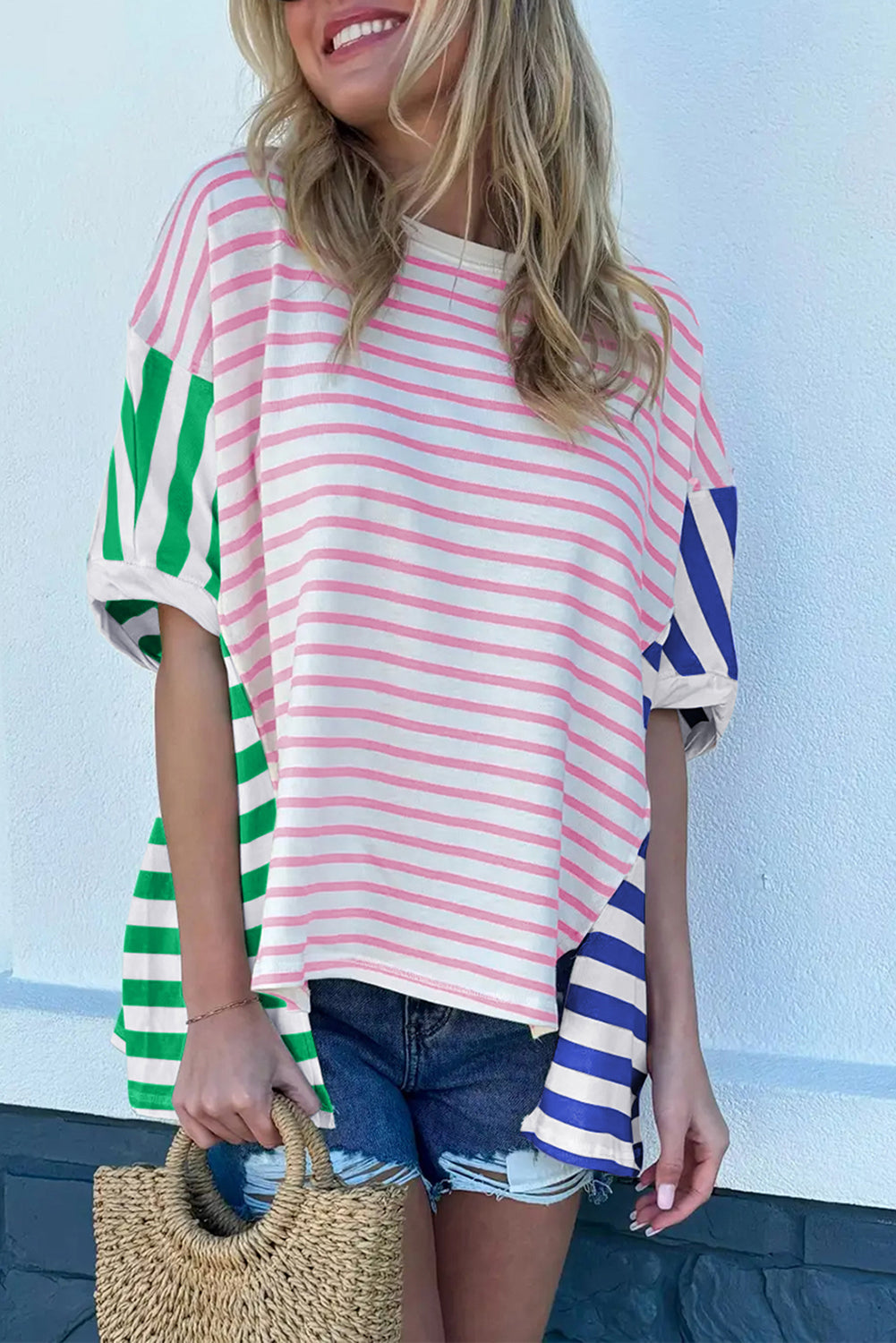 Blue Zone Planet | Orange Stripe Colorblock Patchwork Baggy T Shirt Blue Zone Planet