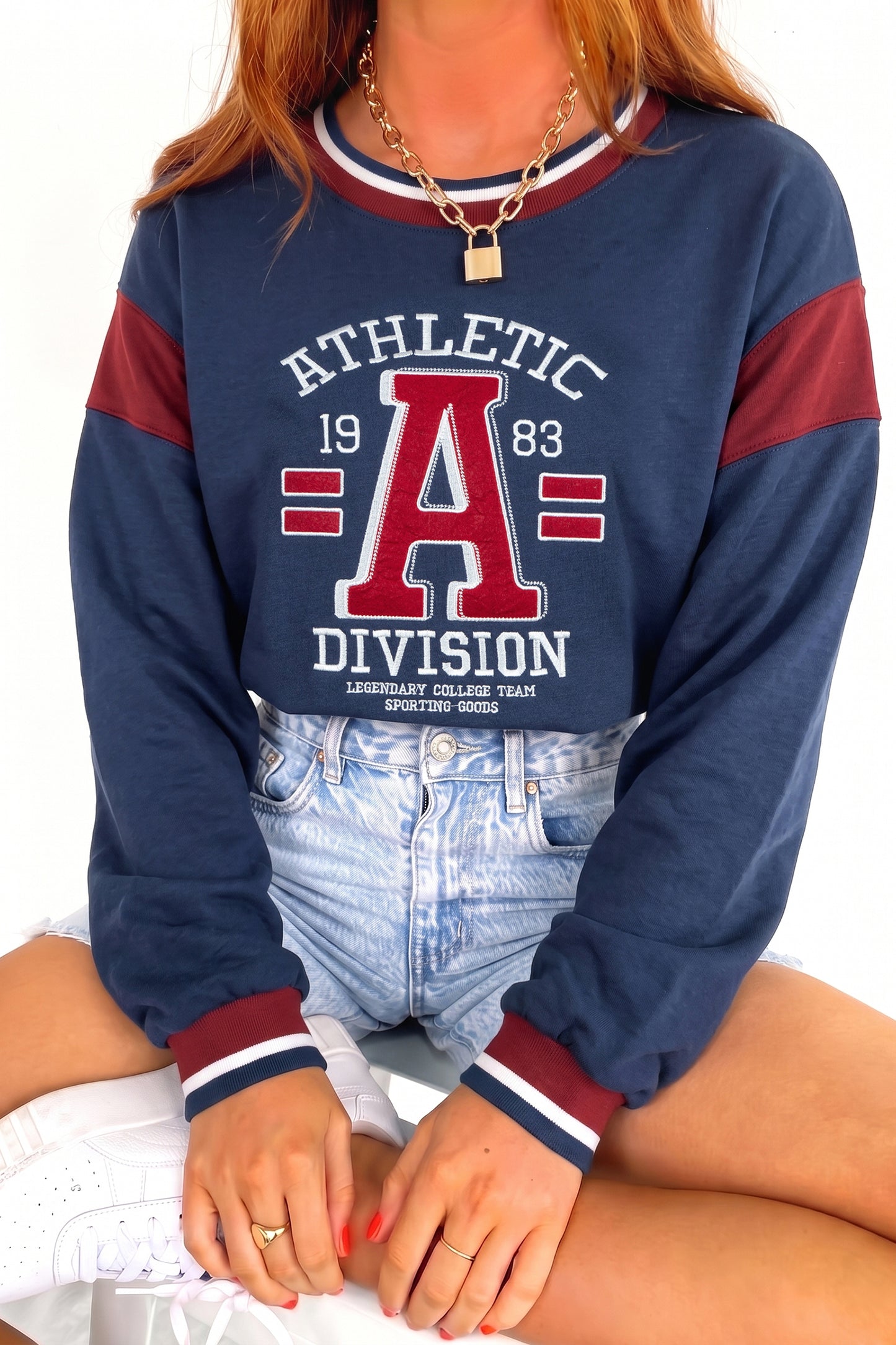 Sail Blue Patchwork Round Neck Long Sleeve Sweatshirt