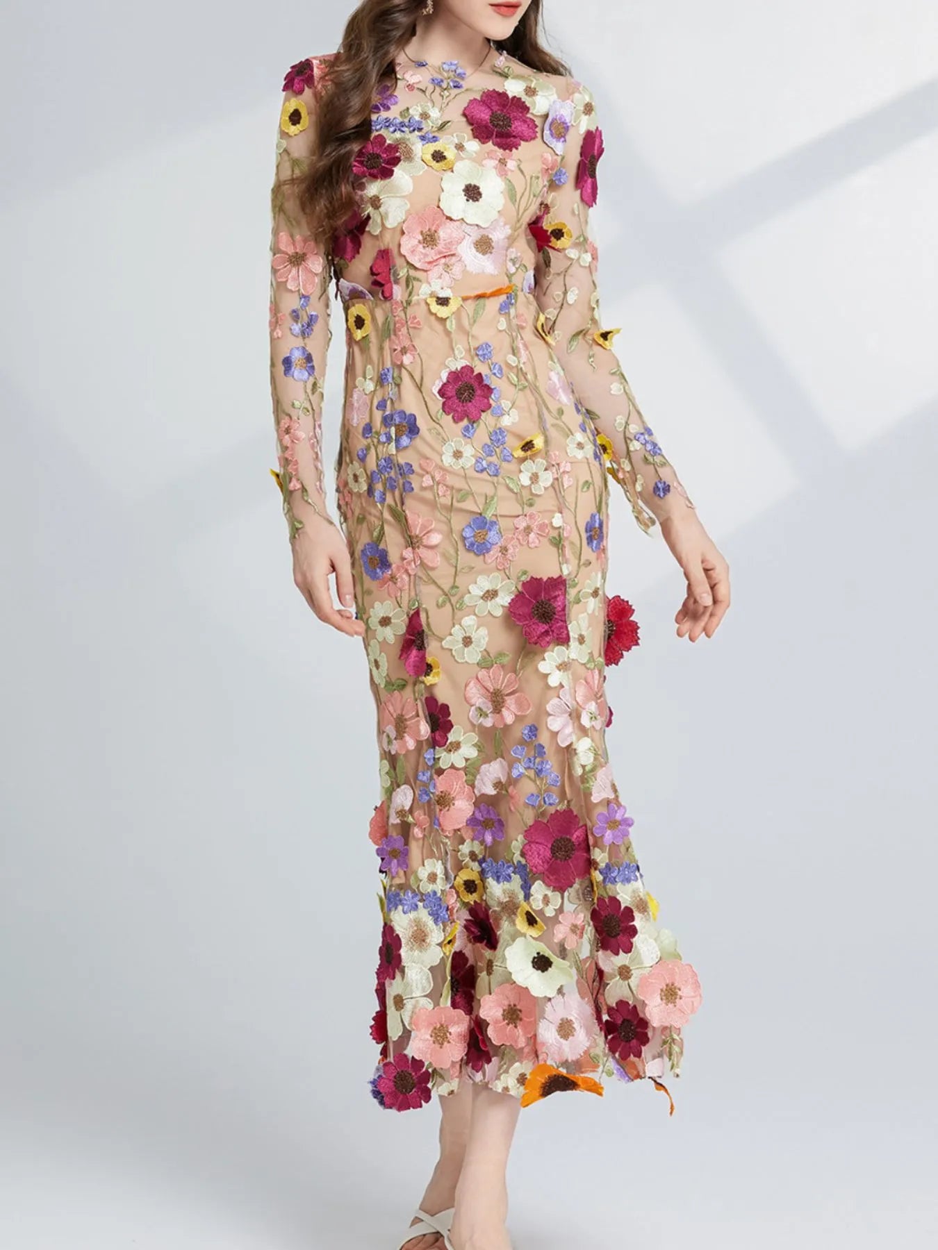 Floral Embroidered Mesh Long Sleeve Midi Dress Apricot / XL Floral Embroidered Mesh Long Sleeve Midi Dress Apricot / XL