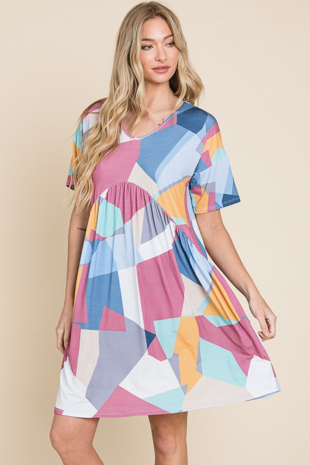Blue Zone Planet | BOMBOM Ruched Color Block Short Sleeve Dress BLUE ZONE PLANET