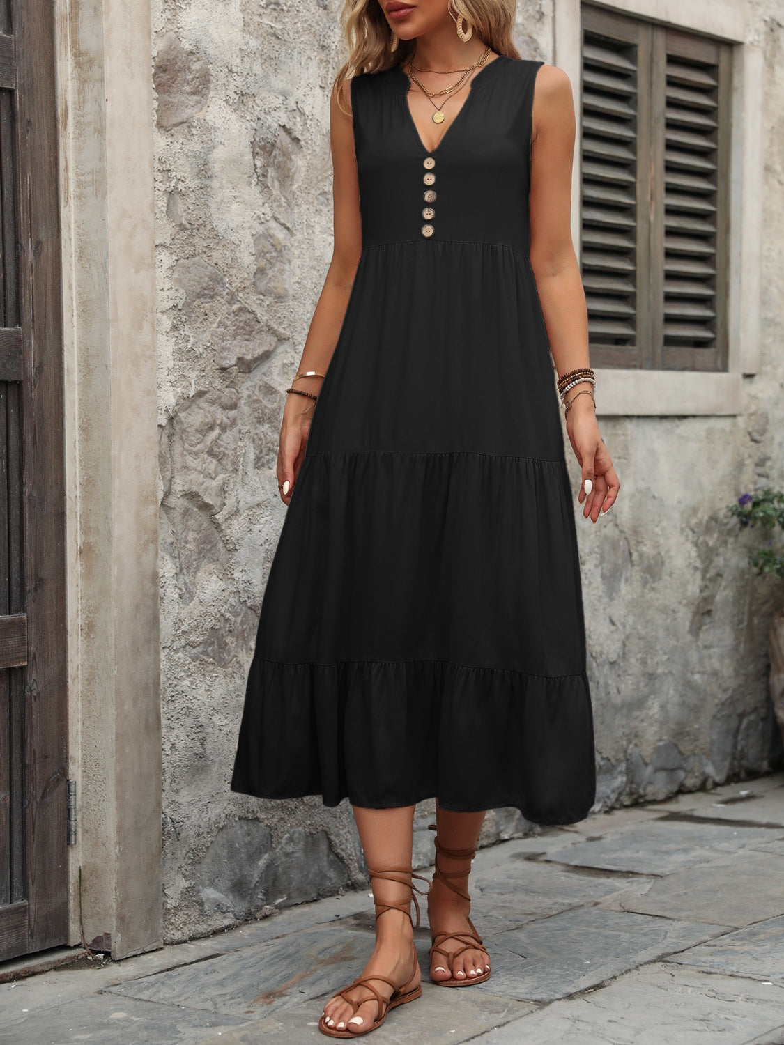 Blue Zone Planet | Decorative Button Notched Sleeveless Dress BLUE ZONE PLANET