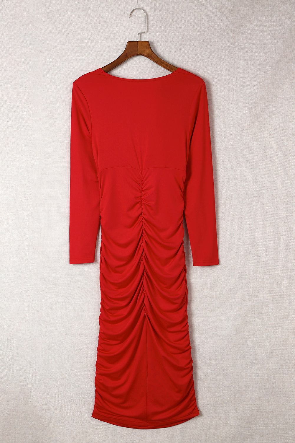 Blue Zone Planet | Fiery Red Long Sleeves Wrap V Neck Ruched Sheath Bodycon Dress Blue Zone Planet