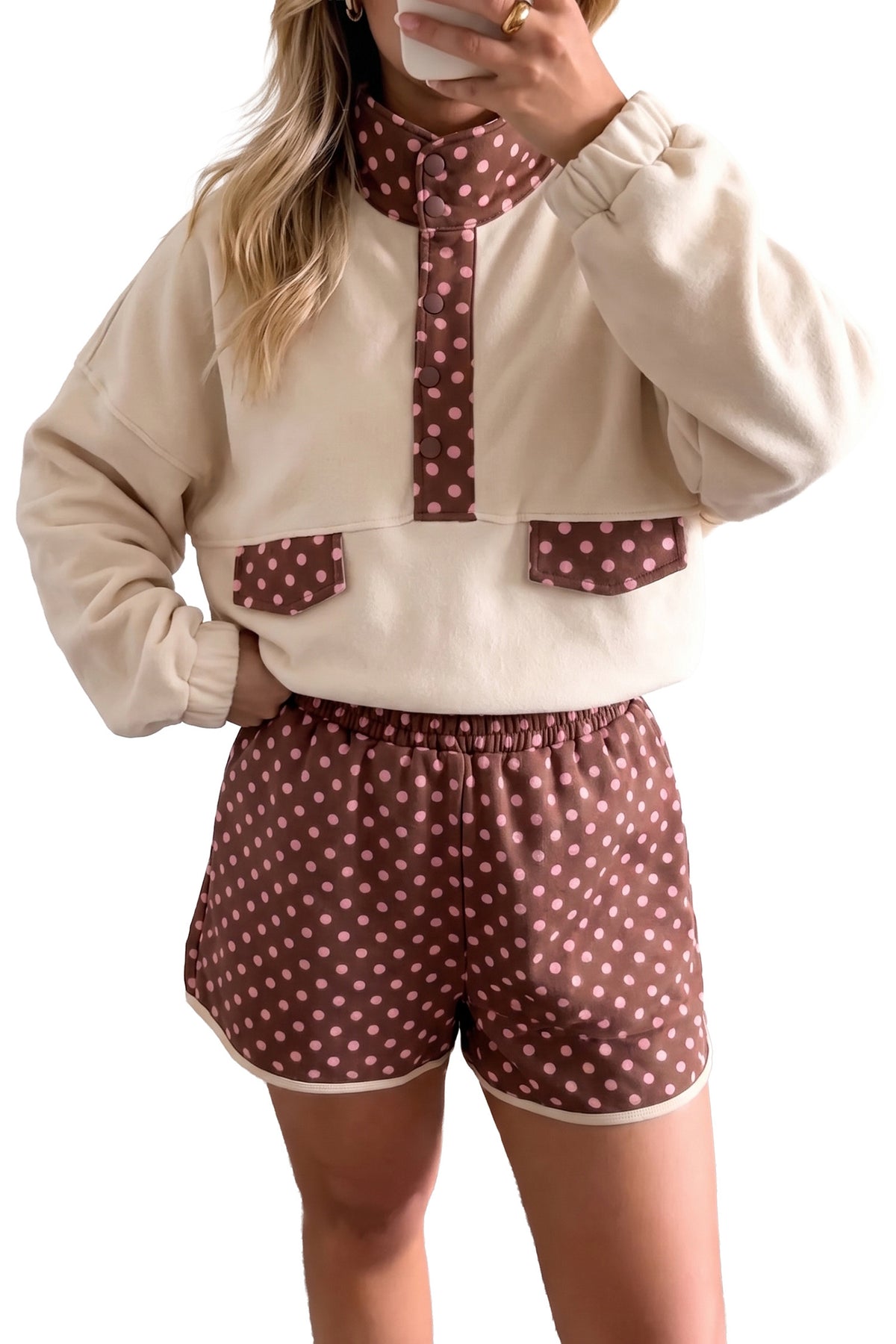 Brown Polka Dot Contrast Baggy Pullover and Elastic Waist Shorts 2pcs Set