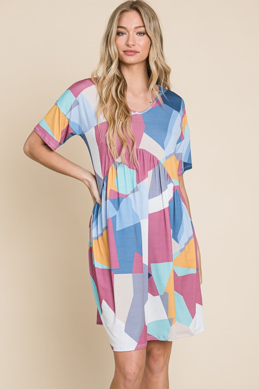 Blue Zone Planet | BOMBOM Ruched Color Block Short Sleeve Dress BLUE ZONE PLANET