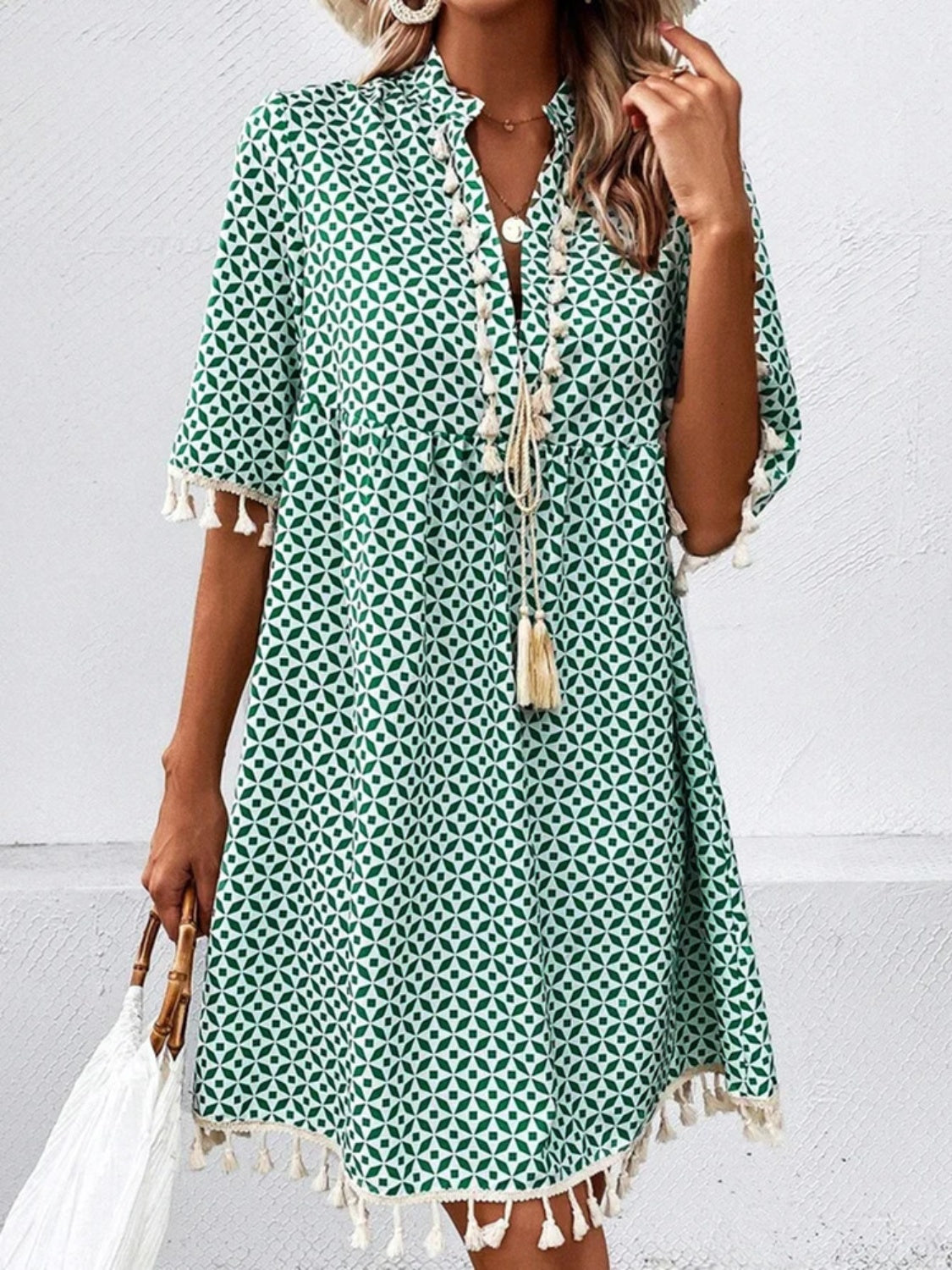 Blue Zone Planet | Tassel Printed Notched Half Sleeve Mini Dress BLUE ZONE PLANET