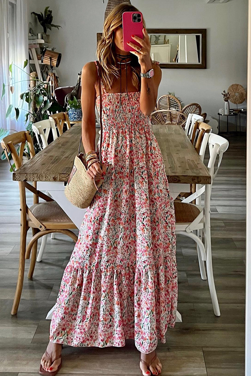 Blue Zone Planet | White Boho Floral Smocked Ruffled Maxi Dress Blue Zone Planet