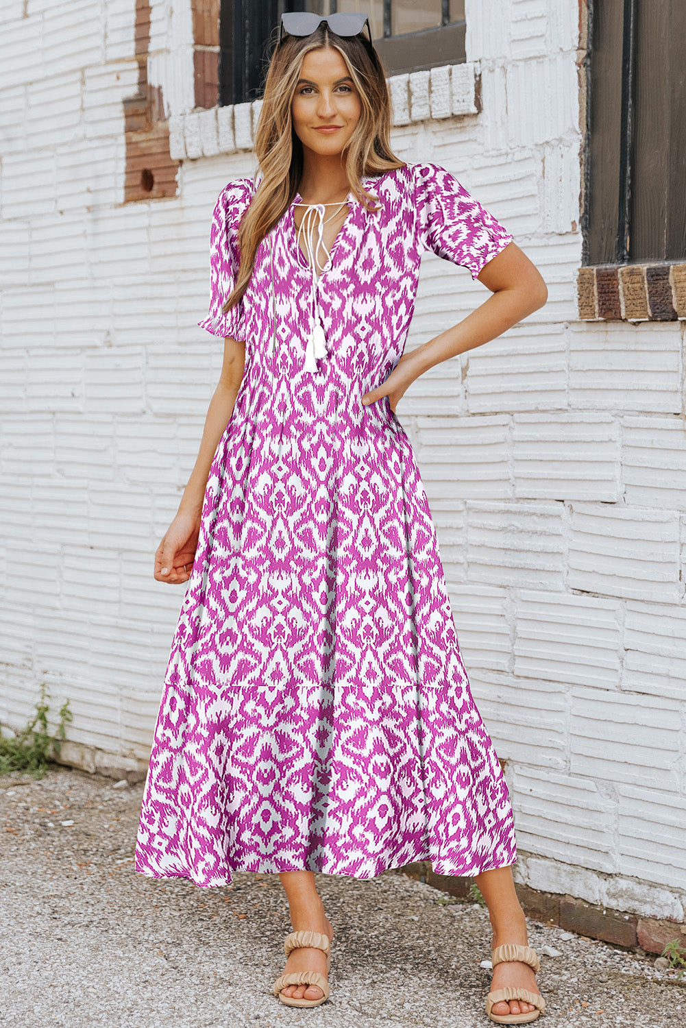 Blue Zone Planet | Sky Blue V Neck Geometric Print Maxi Dress Blue Zone Planet