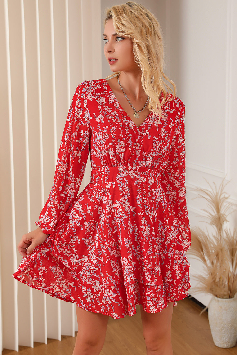 Blue Zone Planet |  Printed Surplice Balloon Sleeve Layered Dress BLUE ZONE PLANET