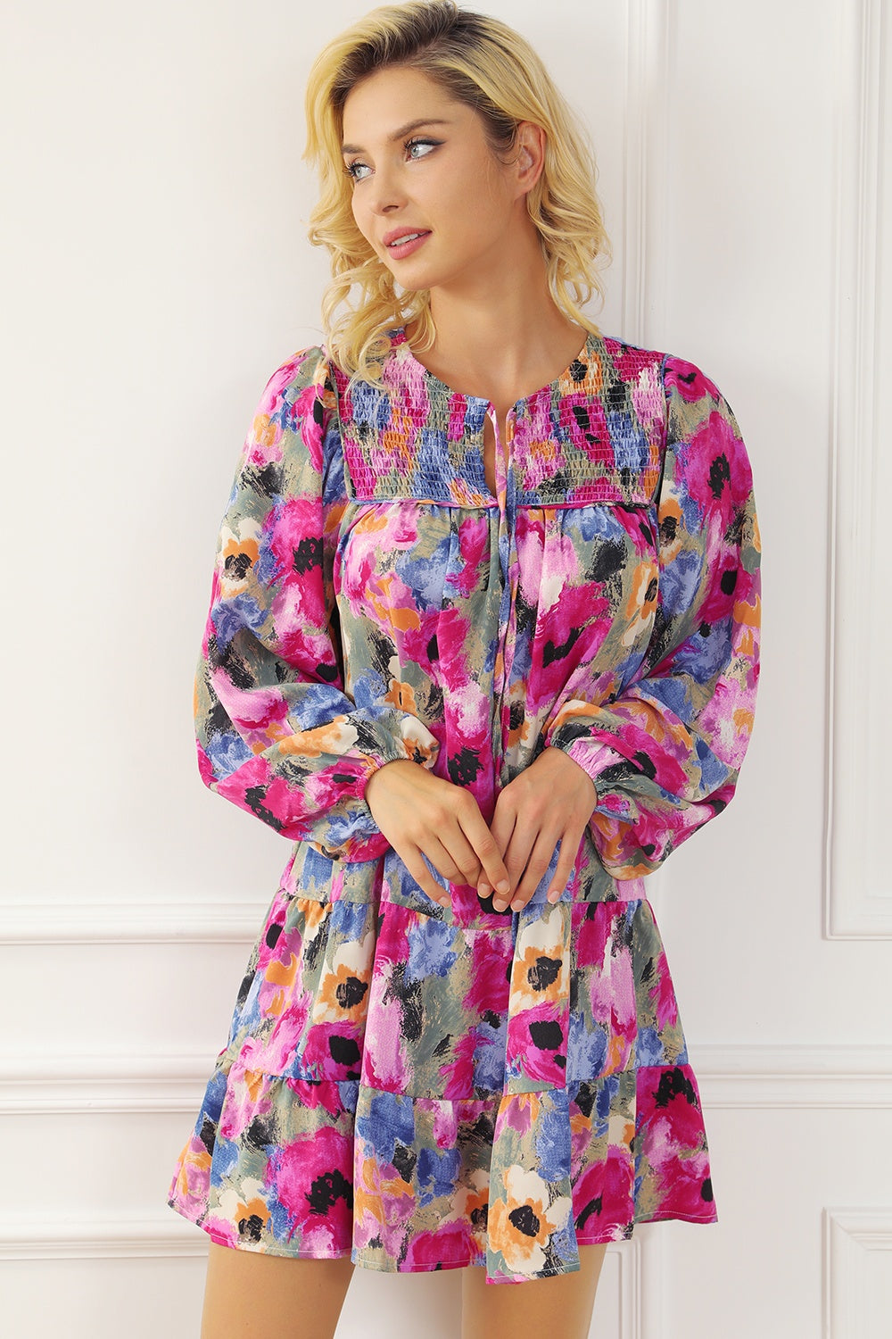 Blue Zone Planet | Printed Tie Neck Long Sleeve Mini Dress BLUE ZONE PLANET