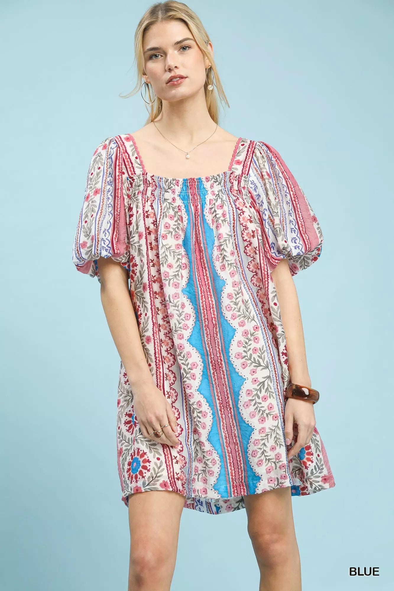 Umgee Mixed Print Puff Sleeve Mini Dress BLUE / S Umgee Mixed Print Puff Sleeve Mini Dress BLUE / S