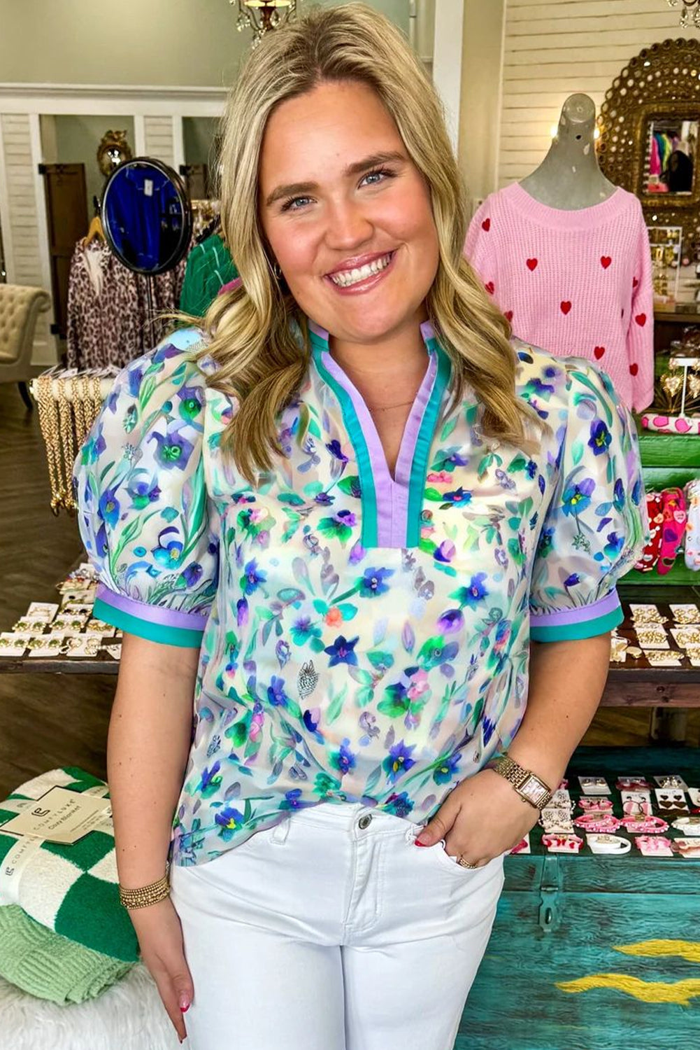 Green Floral Print Colorblock Edge Puff Sleeve Split Neck Plus Size Blouse