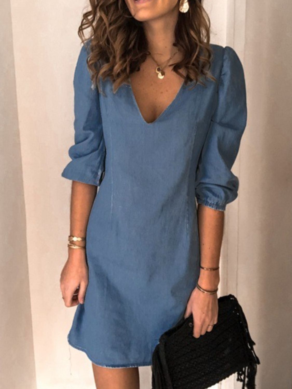 Full Size V-Neck Half Sleeve Denim Dress BLUE ZONE PLANET