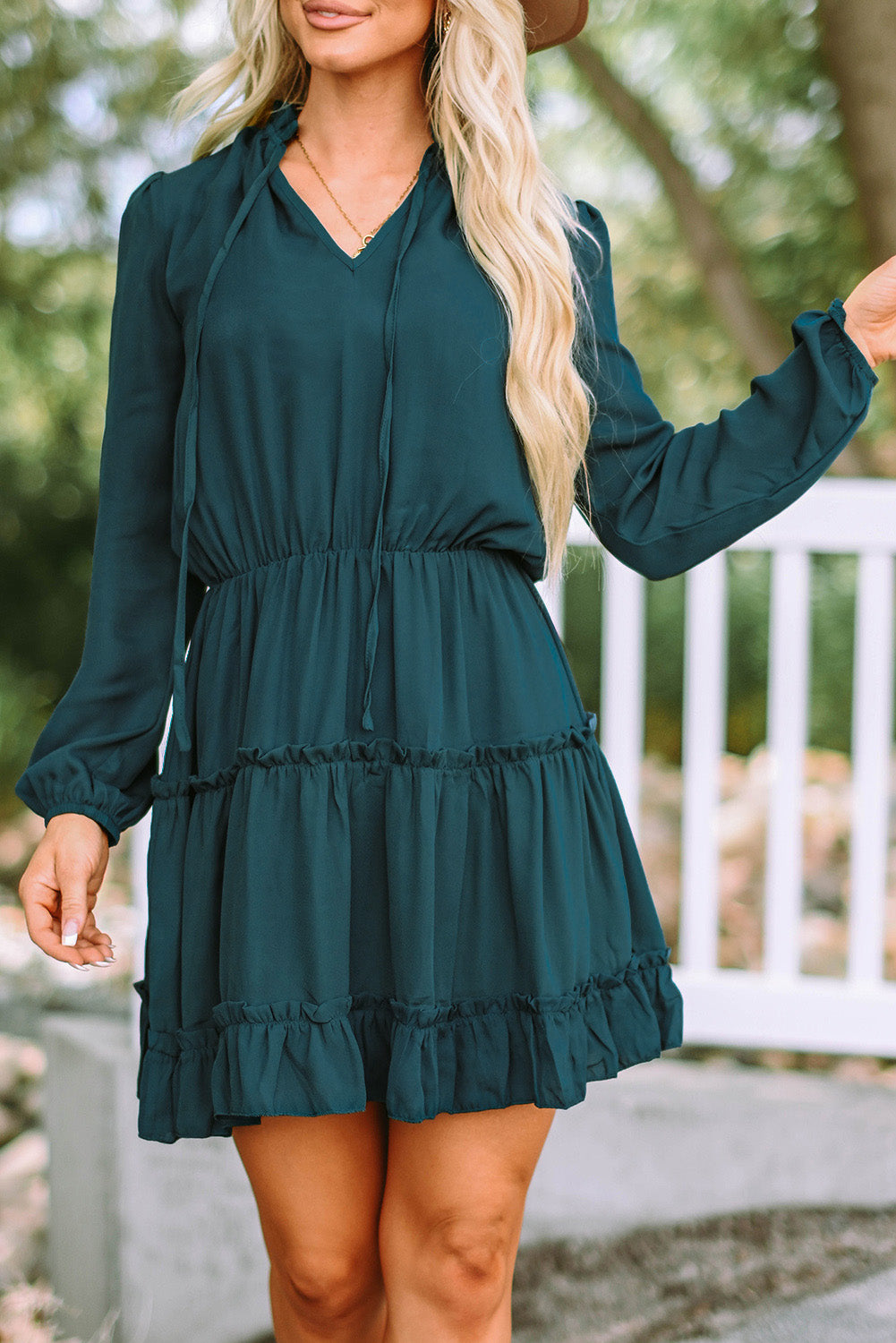 Blue Zone Planet | Janet's Frill Tie Neck Balloon Sleeve Mini Dress BLUE ZONE PLANET