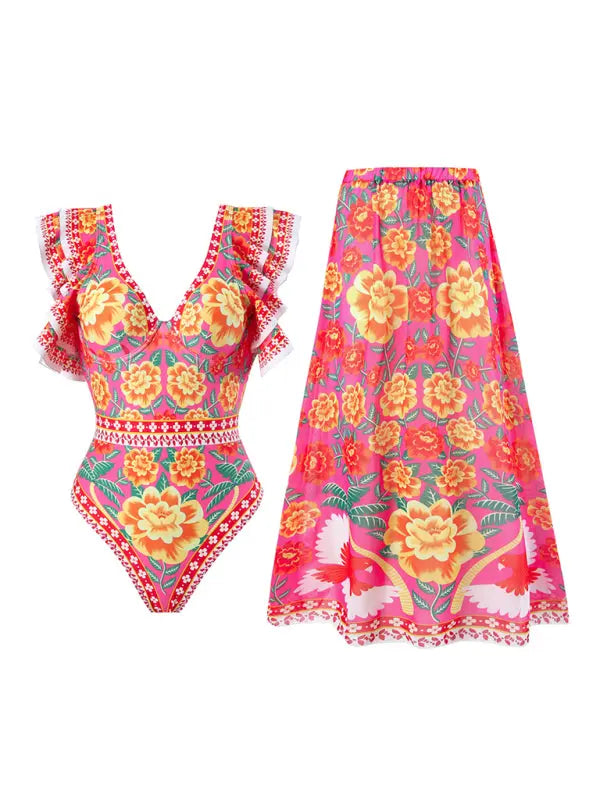 fashion trend floral print one-piece swimsuit, skirt (single piece) BLUE ZONE PLANET