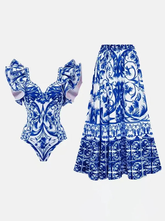 fashion trend floral print one-piece swimsuit, skirt (single piece) BLUE ZONE PLANET
