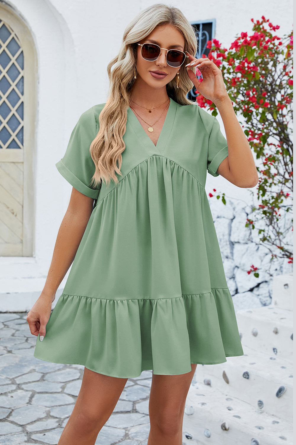 Blue Zone Planet | Ruched Tiered V-Neck Short Sleeve Mini Dress BLUE ZONE PLANET