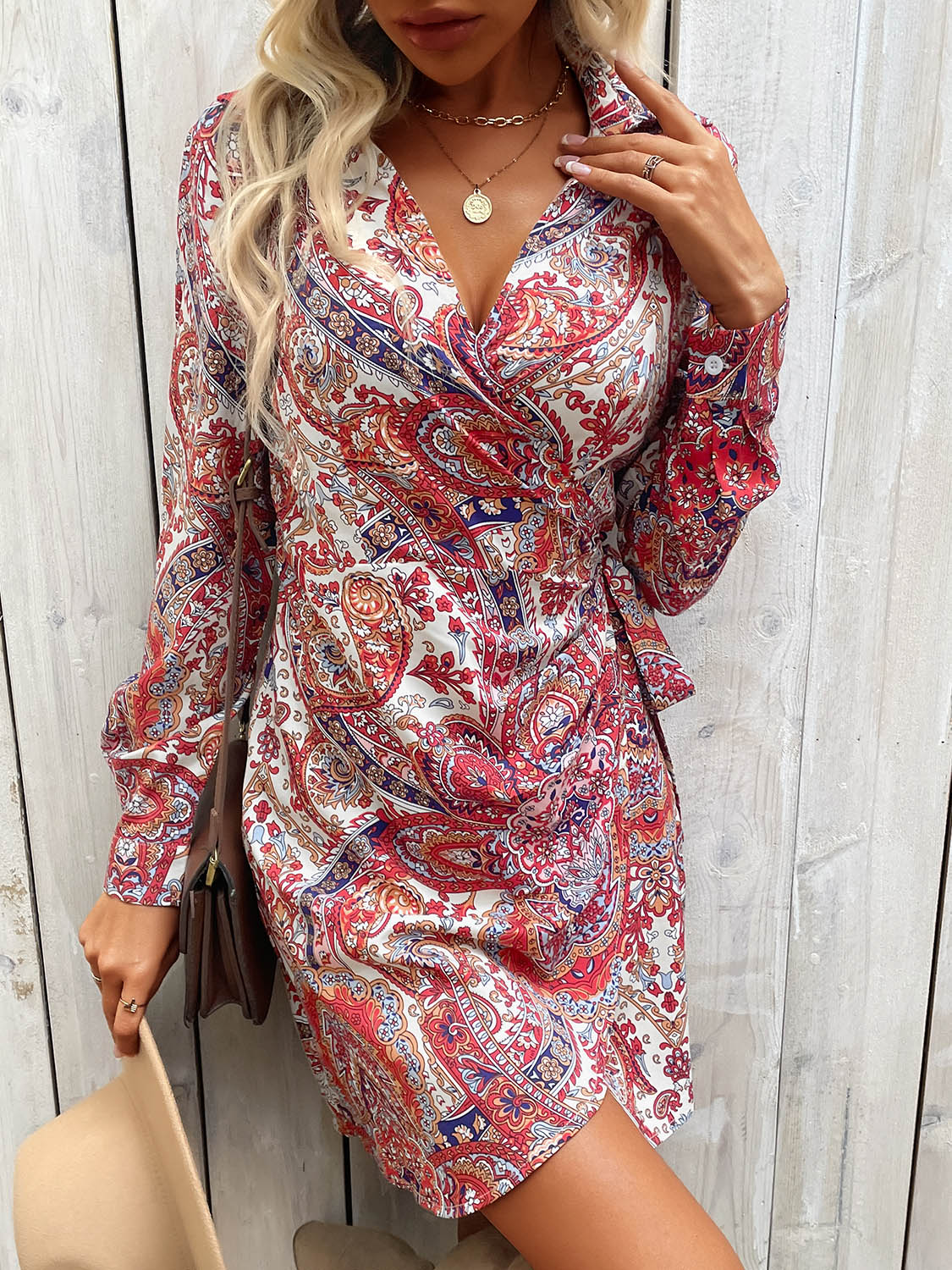 Blue Zone Planet | Tied Printed Long Sleeve Mini Dress BLUE ZONE PLANET