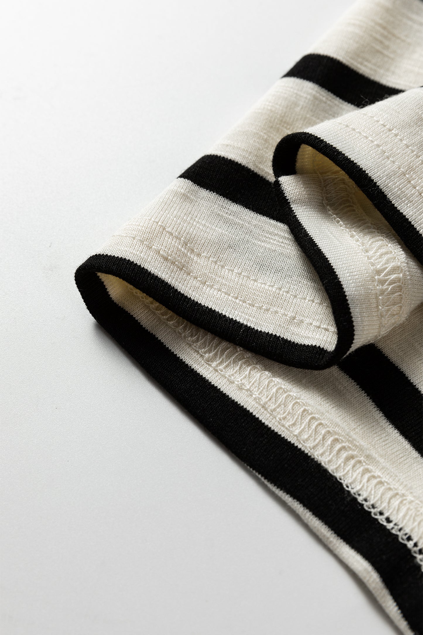 Black Stripe Ribbed Trim Button Cuff Long Sleeve Top Midi Skirt 2pcs Outfit