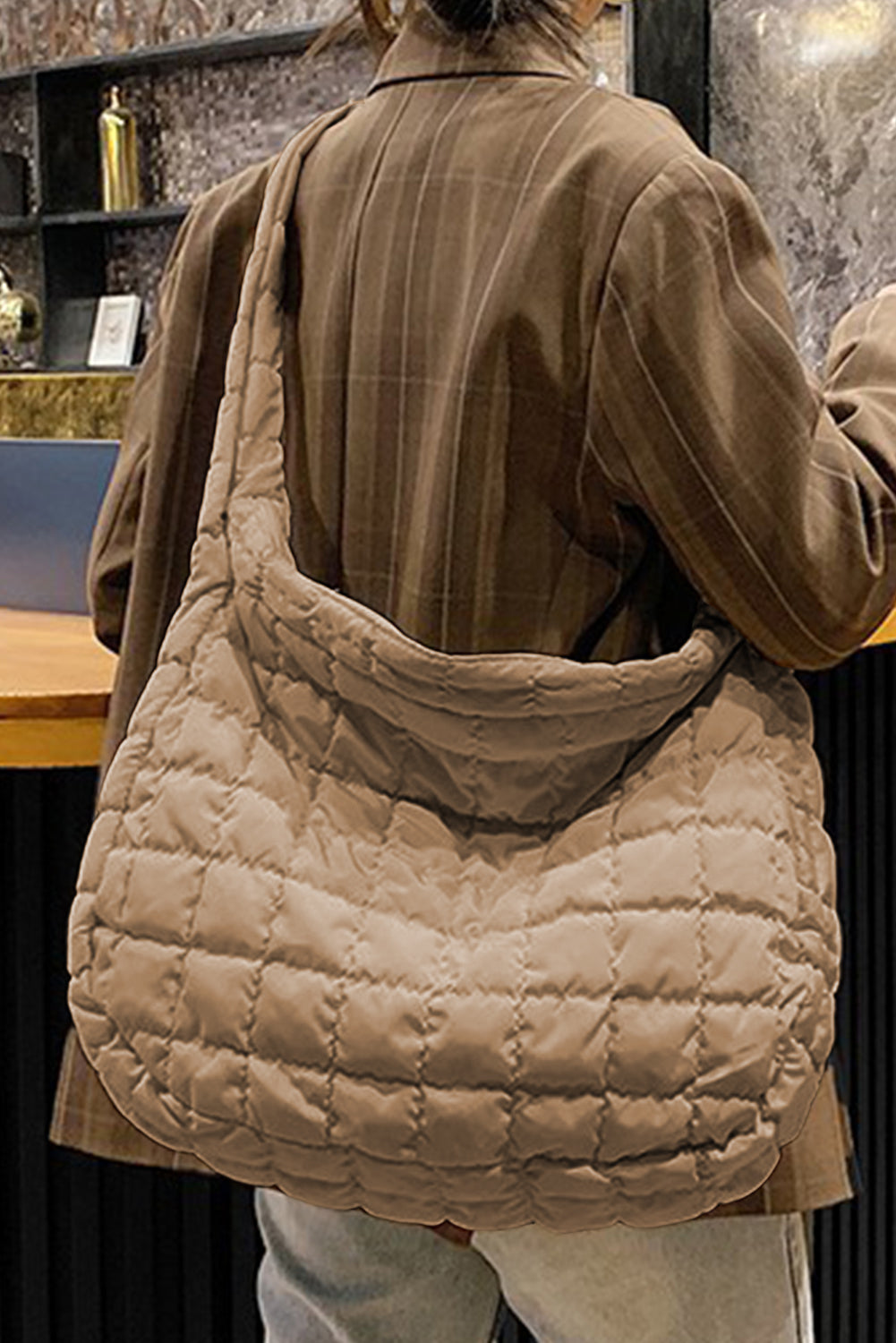 Blue Zone Planet | Light French Beige Quilted Zipper Large Shoulder Bag Blue Zone Planet