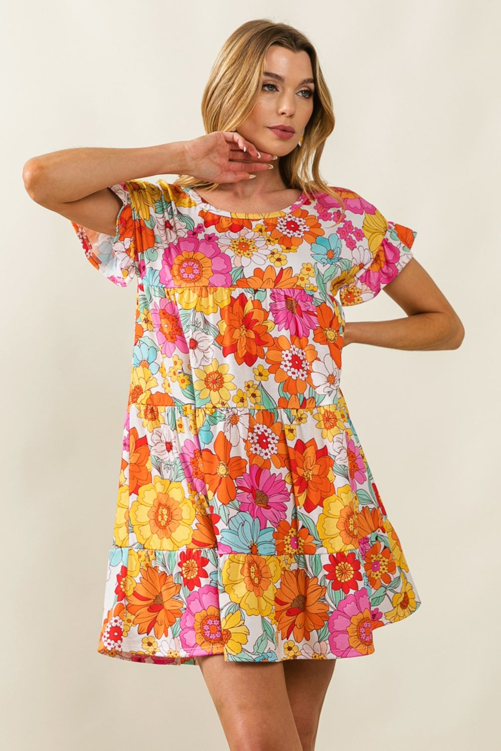 Blue Zone Planet |  BiBi Floral Short Sleeve Tiered Dress BLUE ZONE PLANET