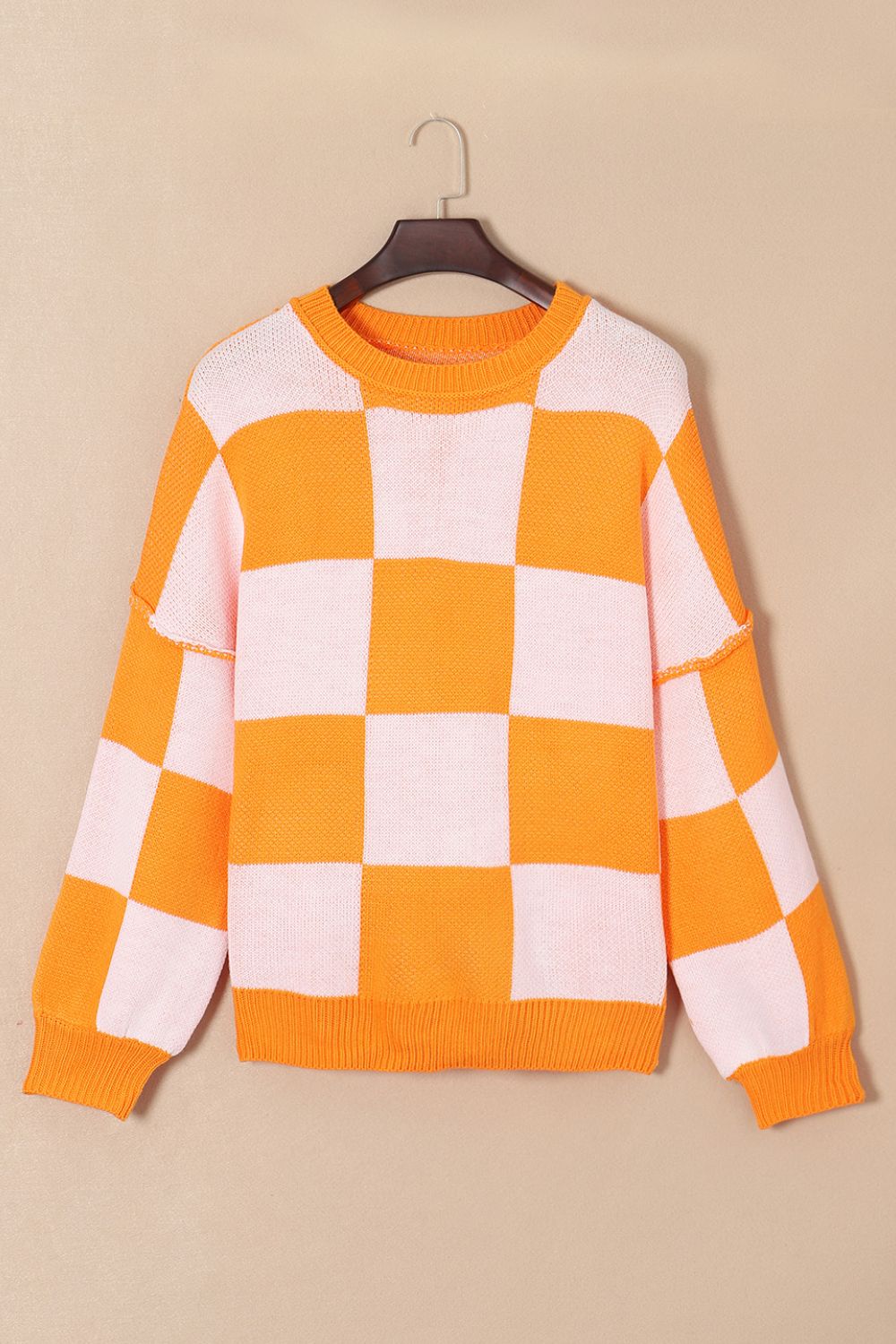 Checkered Exposed Seam Drooped Shoulder Sweater BLUE ZONE PLANET