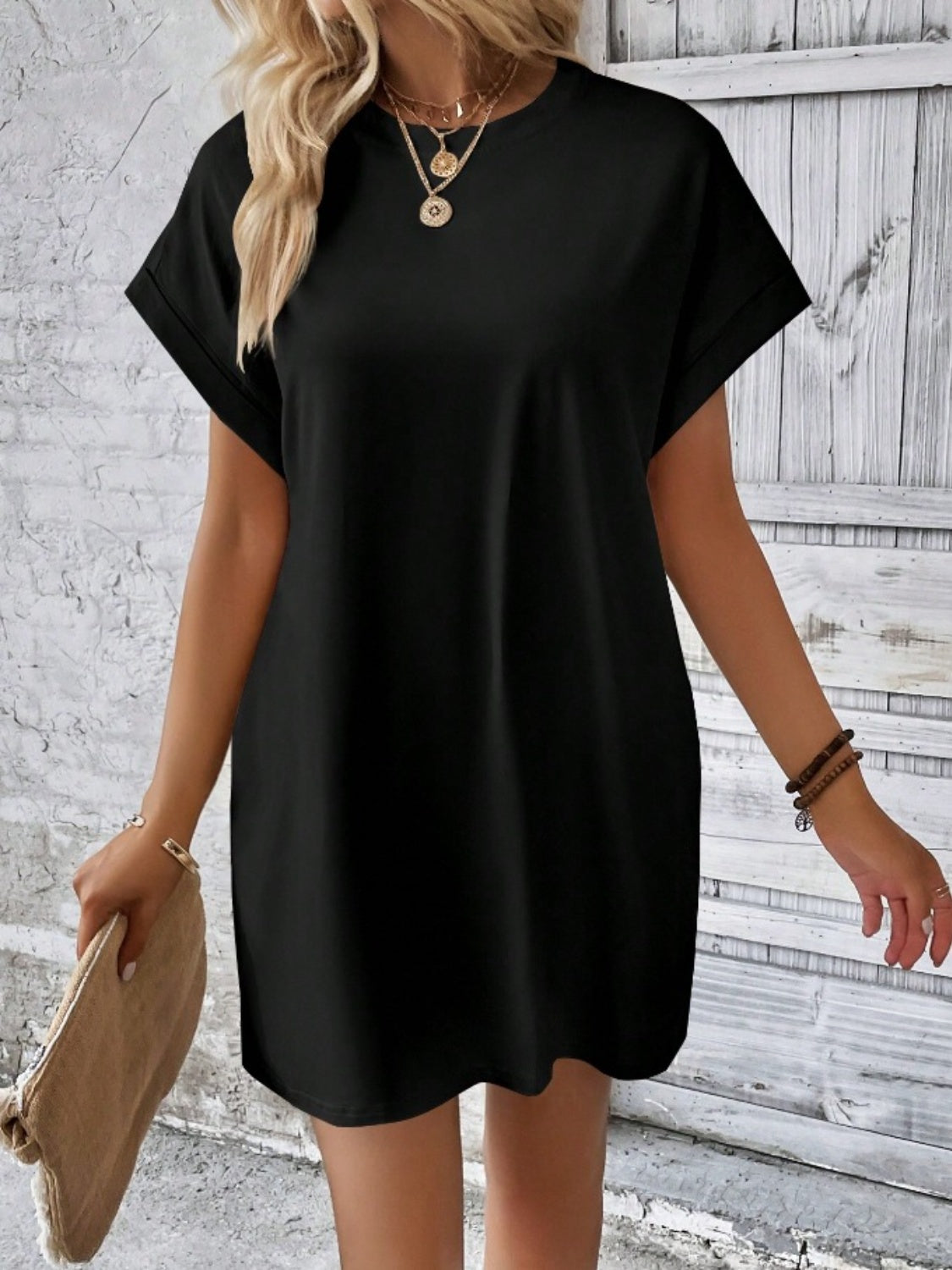 Pocketed Round Neck Short Sleeve Dress BLUE ZONE PLANET