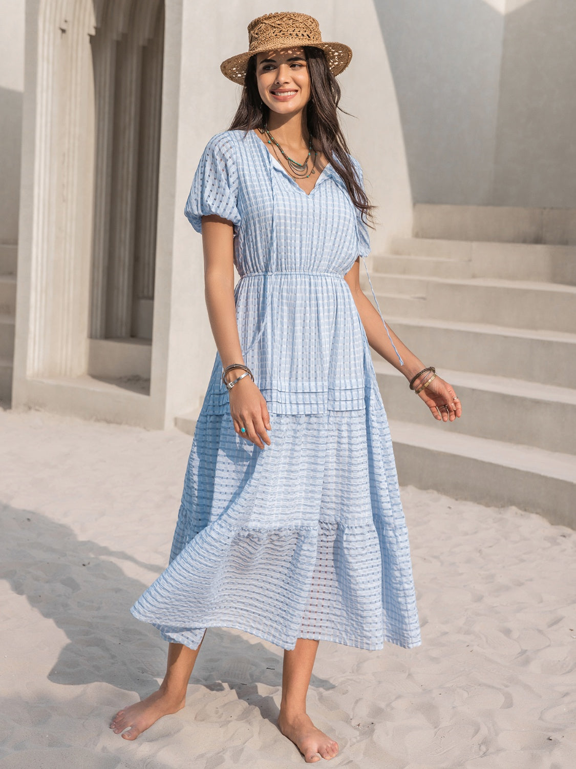 Blue Zone Planet | Tie Neck Balloon Sleeve Tiered Dress BLUE ZONE PLANET