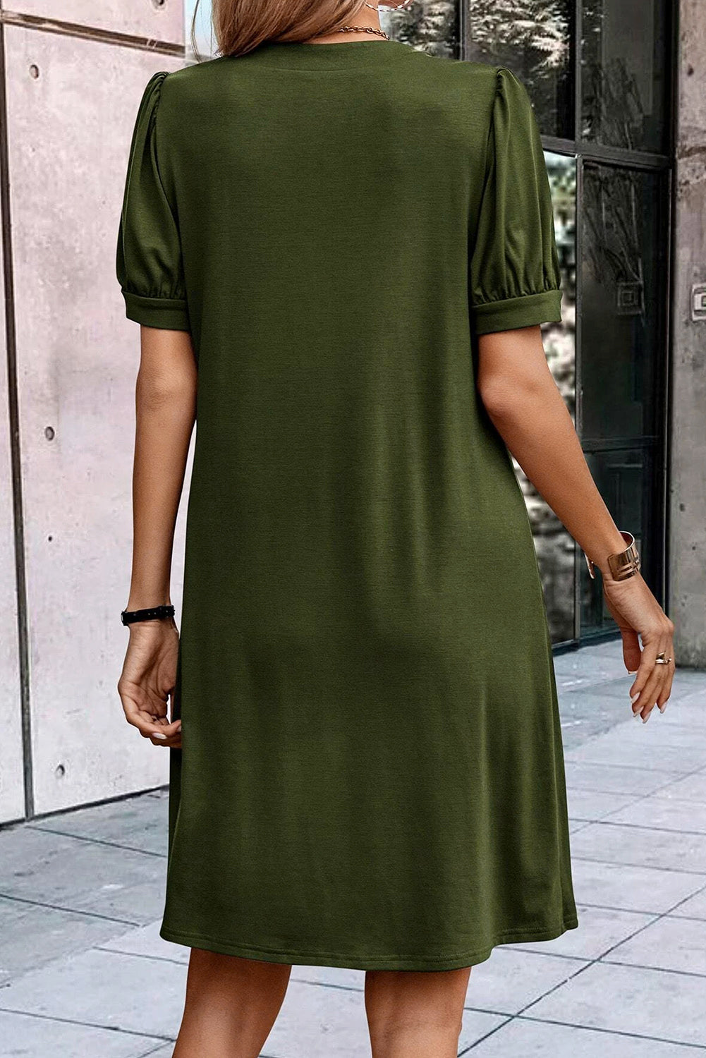 Blue Zone Planet |  Black Notched Neck Pleated Puff Sleeve Shift T-shirt Dress Blue Zone Planet